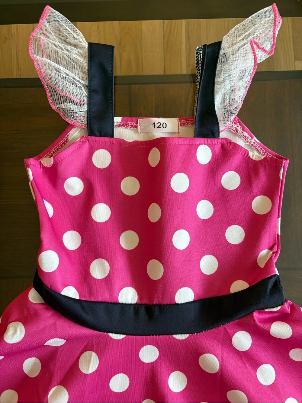 Kids Pink Polka Dot Dress with Navy Straps size 120